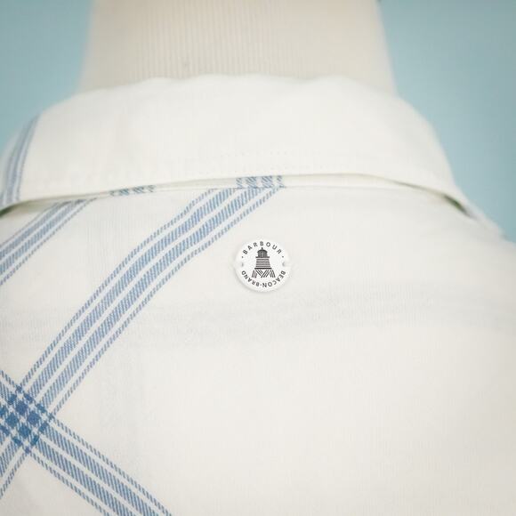 Barbour Size 4 White Blue Plaid Print Collared Button Linen Blend Top Blouse - Picture 2 of 7